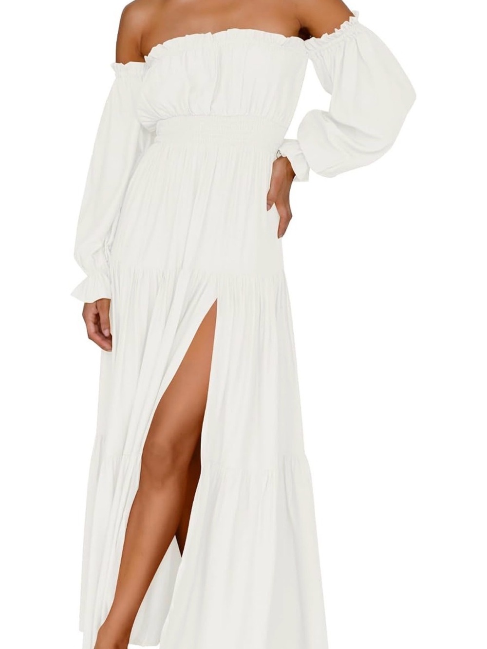 White Bridal Off-Shoulder White Maxi Dress with Long Sleeves and High Slit